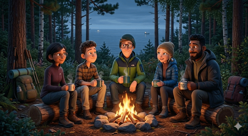 An illustrated camp fire (click to animate)