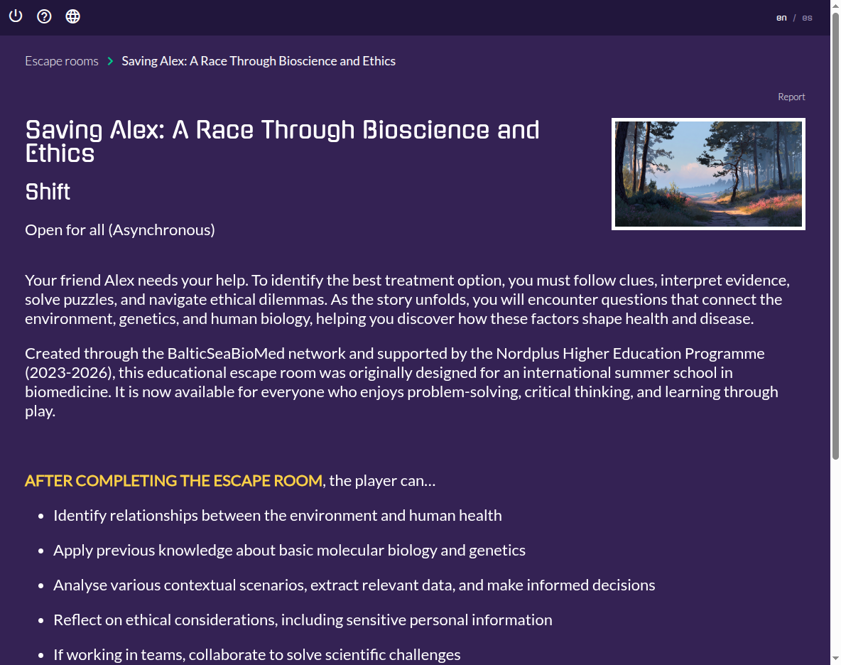 Screenshot: the ESCAPP platform with the list of escape rooms, with an arrow pointing to the card for Saving Alex