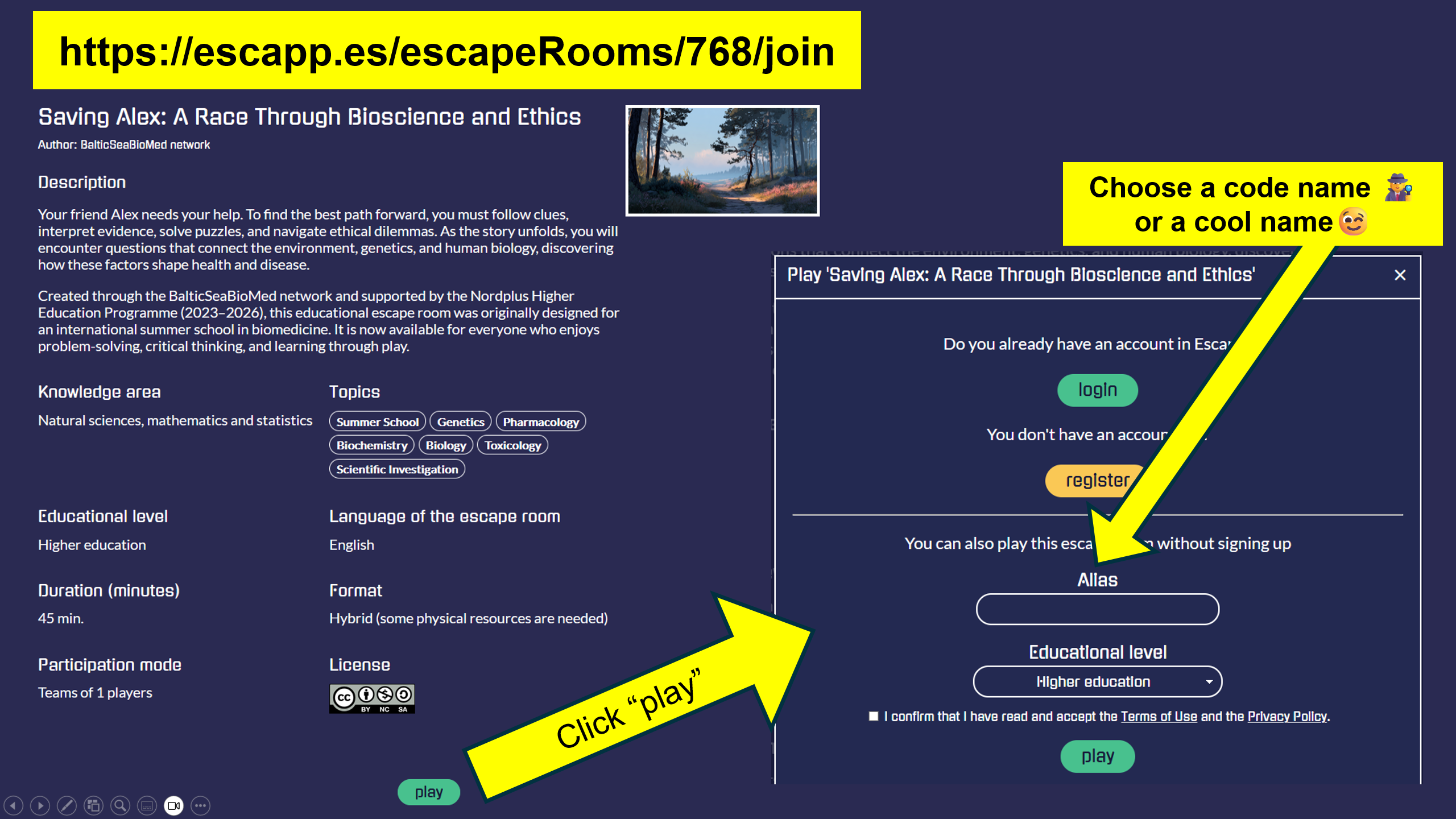 Screenshot: the alias prompt for Saving Alex, with an arrow pointing to the alias field and the play button