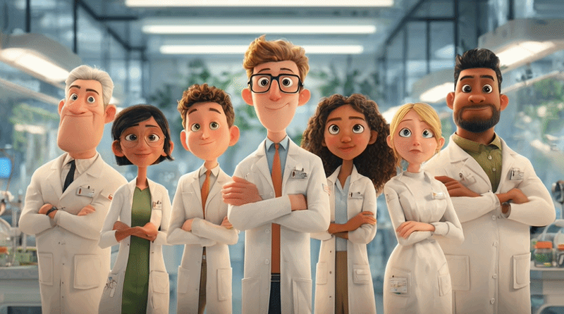 Students in lab coats working in a laboratory (click to animate)